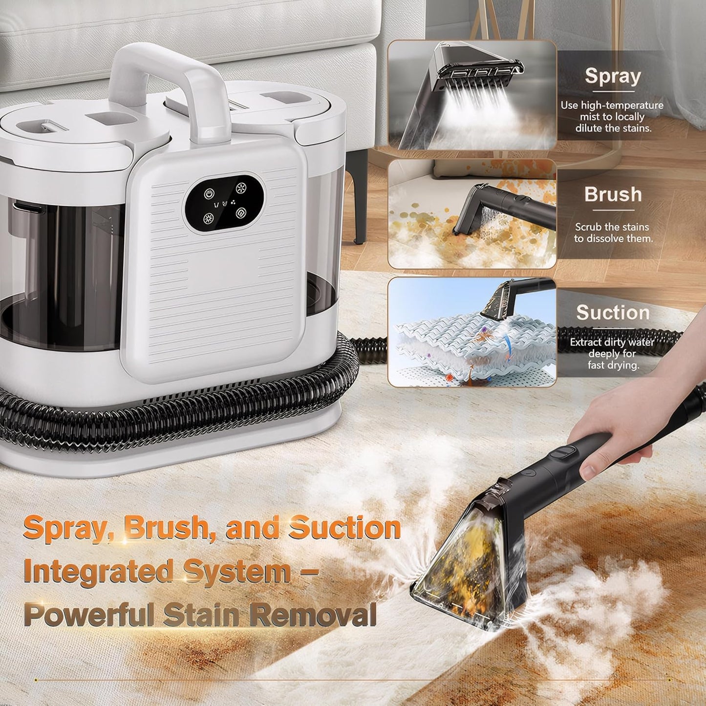 Upholstery Steam Cleaner for Couch & Furniture – 1650W 15KPa Powerful Suction Portable Carpet Spot Cleaner Machine with 4 Cleaning Modes, Ideal for Sofa, Car Seat, Rug, Mattress & Pet Stains, White