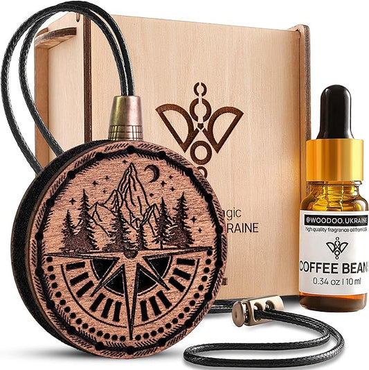 Wood Car Air Freshener — Handmade Car Air Freshener — Compass Mountains Designed Fragrance Oil Diffuser in Wooden Gift Box — Aromatherapy Set with Coffee Beans Fragrance Oil - 10 ml