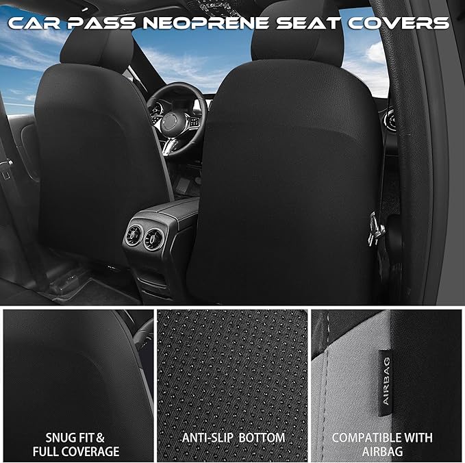 CAR PASS Waterproof Black Gray Car Seat Covers Front Seat Covers Neoprene Wetsuit,All-Weather Non-Slip Durable,Universal Fit for SUV Sedans Trucks Van Automotive,Airbag Compatible,3D Emboss Black Gray