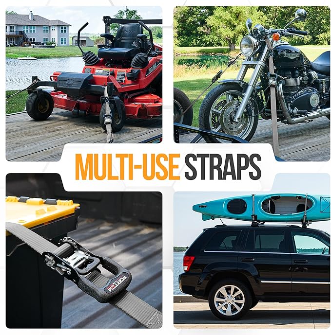FORTEM Ratchet Tie Down Straps, 5208lb Break Strength, 4 Pack 10ft x 1.5in Heavy Duty Straps, 4 Soft Loops, Cam Buckles for Motorcycles, Safety Lock S Hooks, Carry Bag