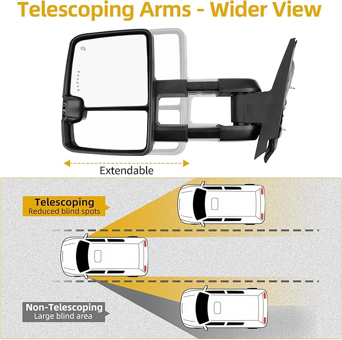 DWVO Power Heated Towing Mirrors for 2003–2007 Chevy Silverado, GMC Sierra, Tahoe, Suburban, Avalanche, Yukon XL, & Denali, Extendable Telescoping LED Turn Signal Pair, Black
