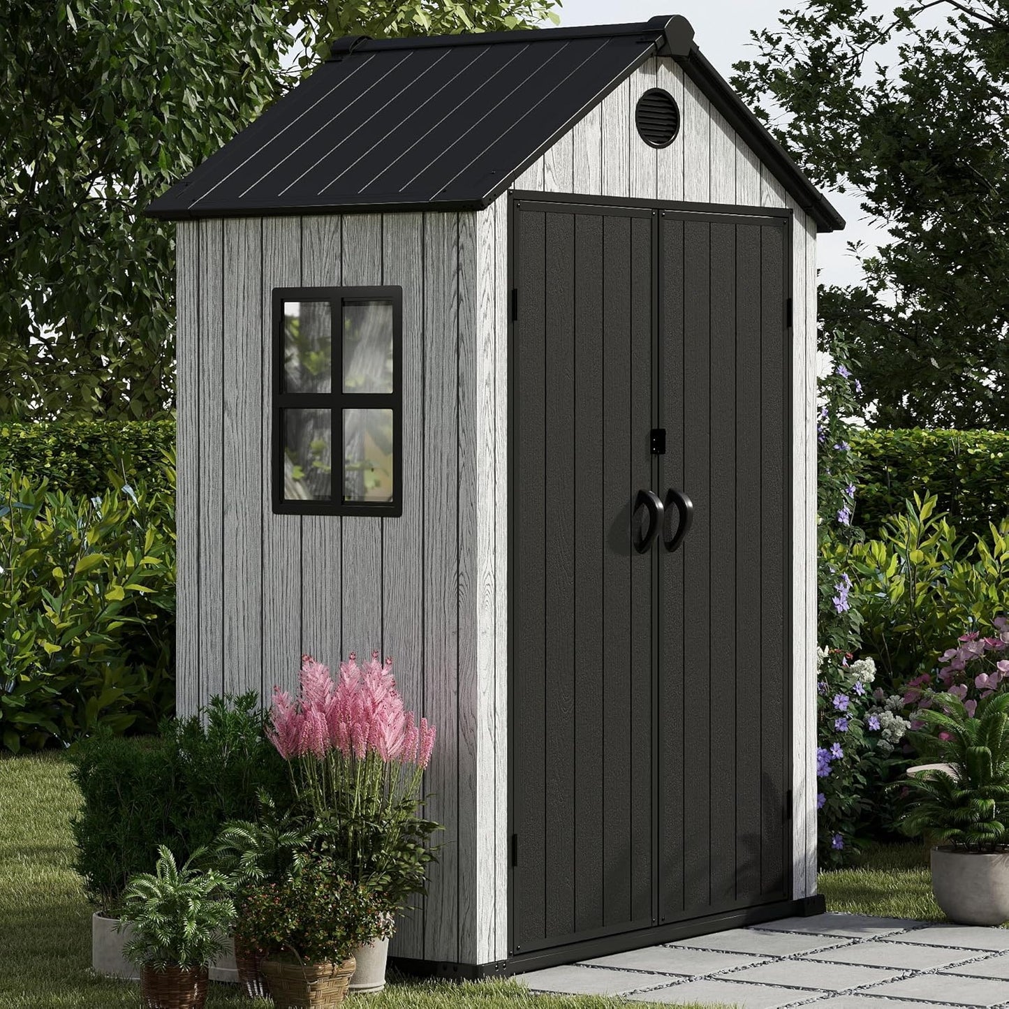 5.3x3.4 FT Resin Outdoor Storage Shed, 135 Cuft Garden Tool Sheds & Outdoor Storage Plastic Shed with Floor, 7FT Tall Outside Lawn Mower Storage Shed with Side Window, Cemented Grey Black