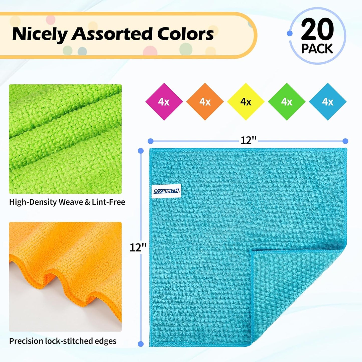 FIXSMITH Microfiber Cleaning Cloth, 20 Pack Cleaning Rags, Cleaning Towels for Housekeeping, Kitchen, Car, Lint-Free, Reusable Shop Towels with 5 Colors (Green/Blue/Yellow/Orange/Pink), 12"X12"