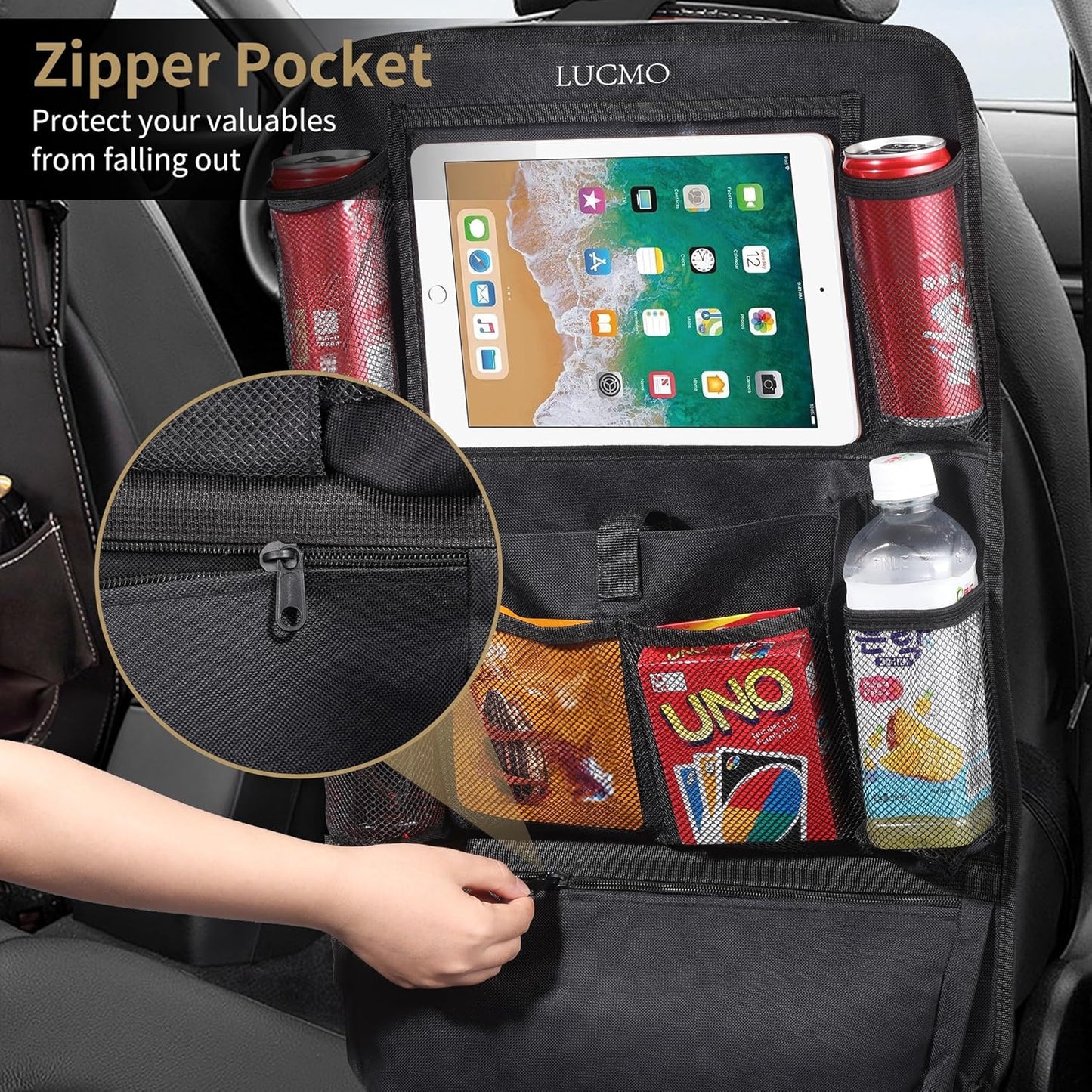 LUCMO Car Backseat Organizer with Touch Screen Tablet Holder-2 Pcs,9 Storage Pockets Car Storage Organizer, Protectors Kick Mats Travel Accessories for Kids-Black