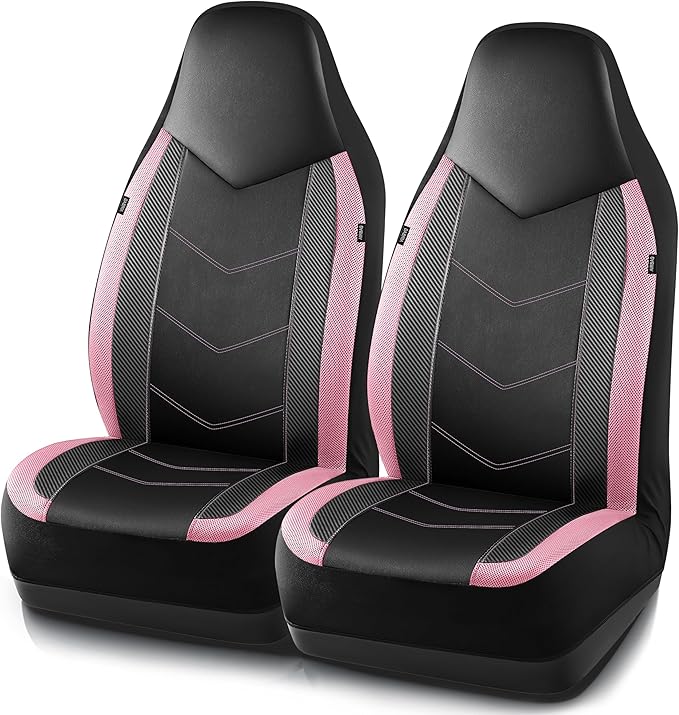 PIC AUTO Leather Car Seat Covers, Sports Carbon Fiber & Mesh Design, High-Back Two Front Set, Waterproof Automotive Seat Covers, Airbag Compatible, Universal Fit for Most Cars (Black & Pink)