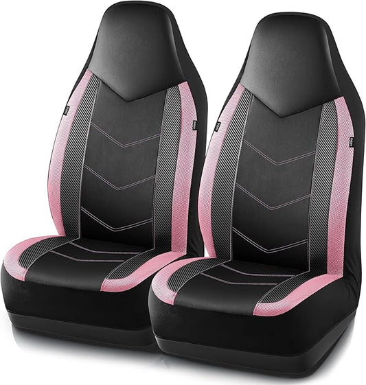 PIC AUTO Leather Car Seat Covers, Sports Carbon Fiber & Mesh Design, High-Back Two Front Set, Waterproof Automotive Seat Covers, Airbag Compatible, Universal Fit for Most Cars (Black & Pink)
