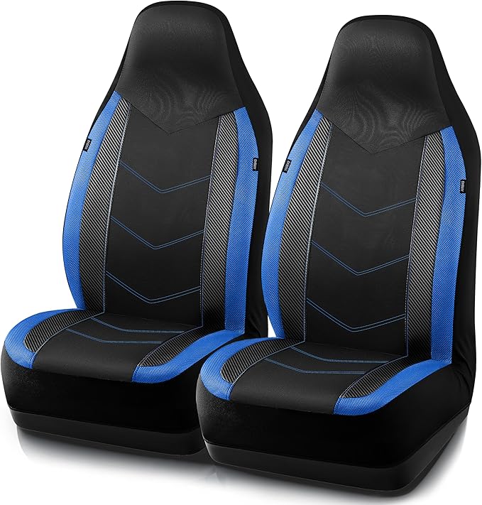 PIC AUTO Leather Car Seat Covers, Sports Carbon Fiber & Mesh Design, High-Back Two Front Set, Waterproof Automotive Seat Covers, Airbag Compatible, Universal Fit for Most Cars (Black & Blue)