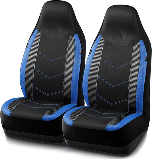 PIC AUTO Leather Car Seat Covers, Sports Carbon Fiber & Mesh Design, High-Back Two Front Set, Waterproof Automotive Seat Covers, Airbag Compatible, Universal Fit for Most Cars (Black & Blue)