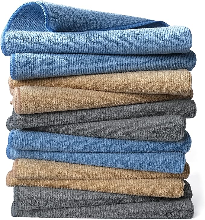 POLYTE Microfiber Cleaning Towel (16x16, 12 Pack Professional, Blue,Camel,Gray)