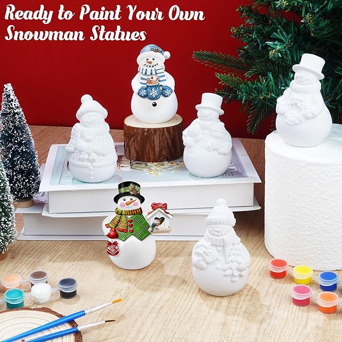 GuiZha 6 Sets Winter Christmas Ceramic to Paint DIY Snowman Plaster Paint Kit Unpainted Snowman Figurines Ready to Paint Ceramic Ornaments Christmas Crafts for Adults