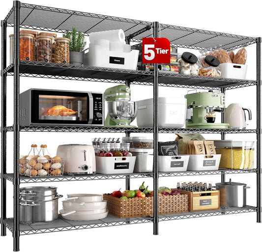 REIBII 5 Tier Wire Shelving Storage Shelves Loads 1430LBS, 58" W Metal Shelving for Storage Adjustable Shelving Unit Heavy Duty Garage Shelves Pantry Shelves Kitchen, Black