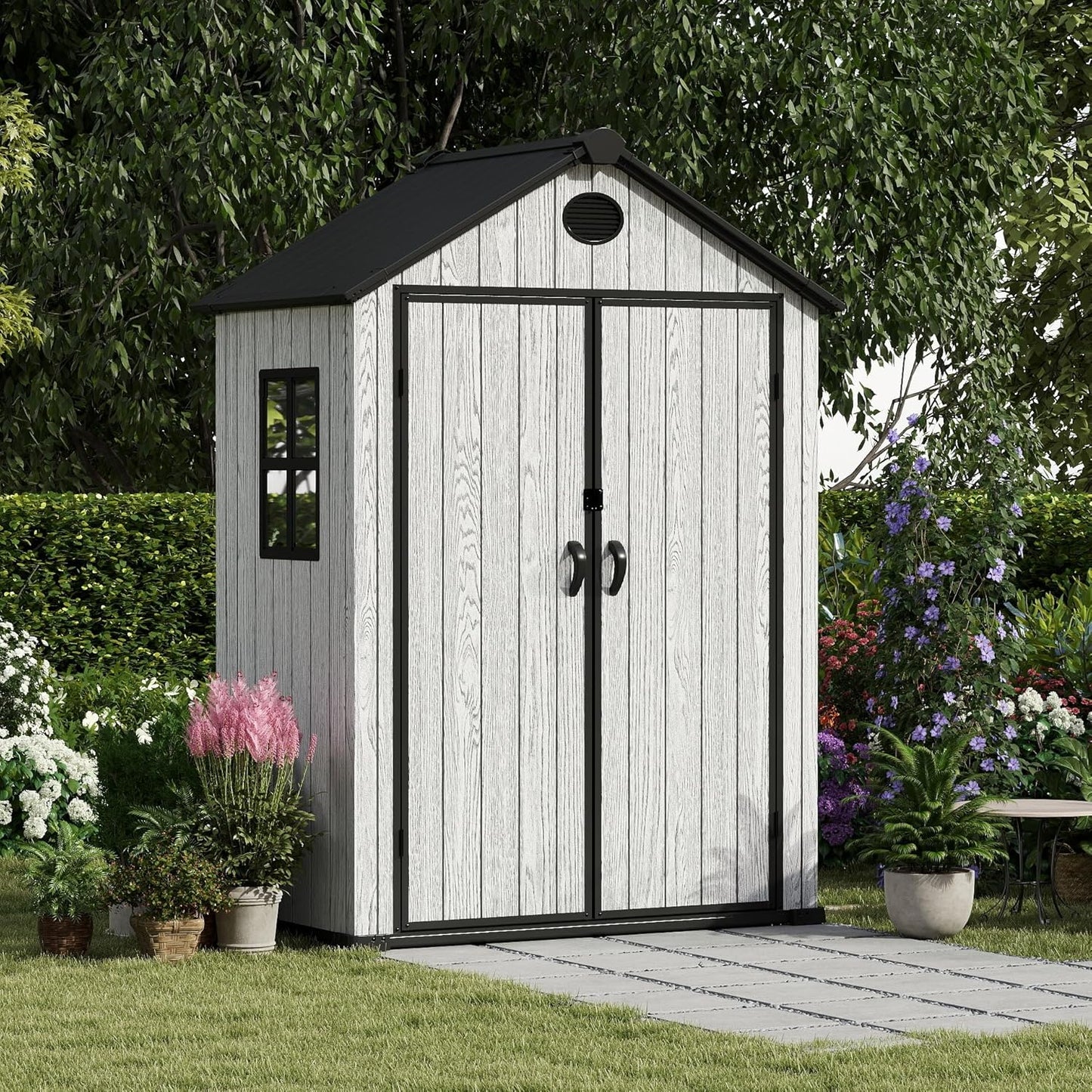 5.3x3.4 FT Resin Outdoor Storage Shed, 135 Cuft Garden Tool Sheds & Outdoor Storage Plastic Shed with Floor, 7FT Tall Backyard Outside Lawn Mower Storage Shed with Side Window, Cemented Grey