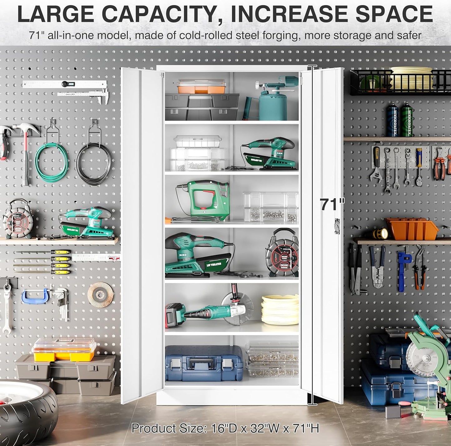 White Metal Storage Cabinet with 5 Adjustable Shelves,71" Tall Metal Cabinet with Locking Doors,Steel Cabinet with Lock,Lockable Storage Cabinets for Home,Office,Kitchen,Laundry,Pantry