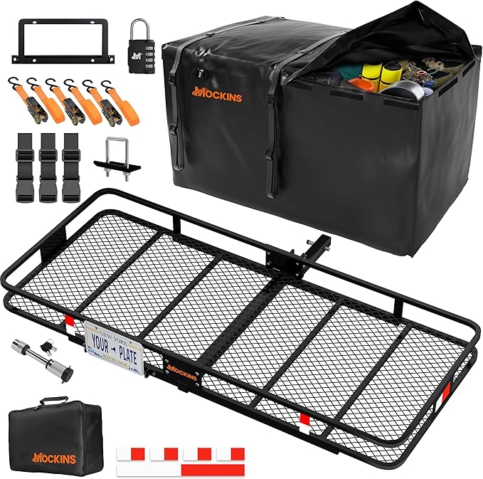 Mockins XXL 70"x30"x6" Folding Trailer Hitch Cargo Carrier w/License Plate Bracket | 500 Lbs Cap Steel Luggage Rack for SUV Car & Truck w/ 40 CuFt Waterproof Cargo Bag for Hitch Carrier & Accessories