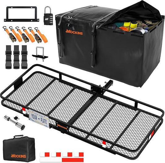 Mockins XXL 70"x30"x6" Folding Trailer Hitch Cargo Carrier w/License Plate Bracket | 500 Lbs Cap Steel Luggage Rack for SUV Car & Truck w/ 40 CuFt Waterproof Cargo Bag for Hitch Carrier & Accessories