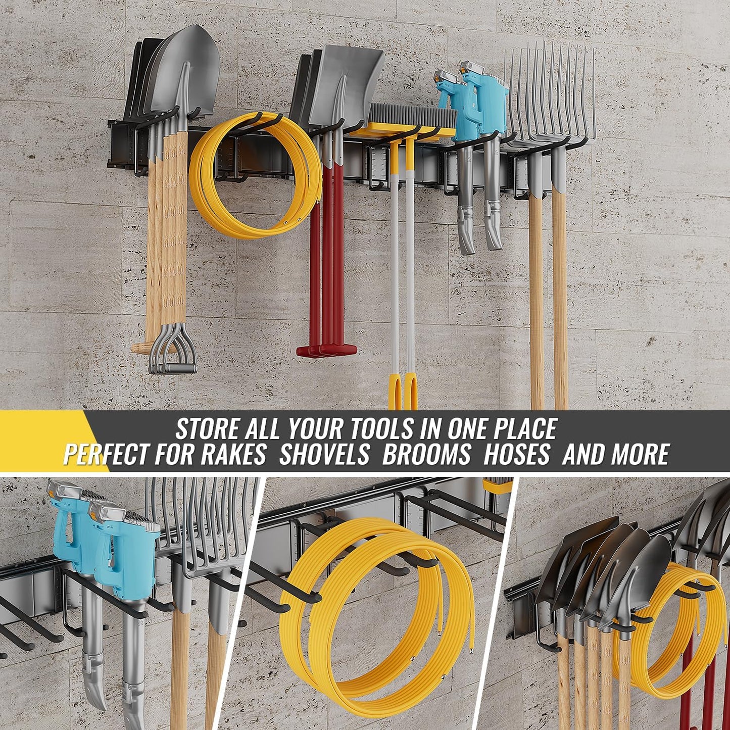 Garage Tool Rack Wall Mount – 48 inches Heavy-Duty Garden Tool Holder with 6 Adjustable Hanging Hooks – Garage Wall Storage Organizer for Shovel, Rake – Max Load 540 lbs (48 inch)