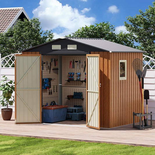 8x6FT Outdoor Storage Shed, Metal Garden Shed with Lockable Doors and Window, Large Tool Shed for Backyard, Patio and Lawn