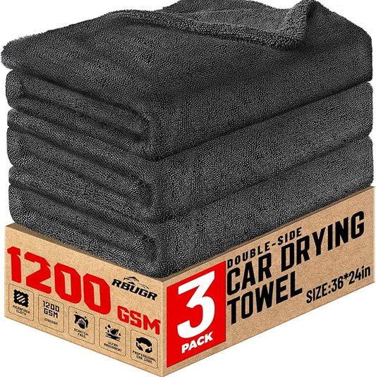 Microfiber Towels for Cars, 3 Pack Dual Sided Drying Towels Car Detailing， 1200GSM Car Drying Towel(24″x 36″), Ultra Absorbent Car Cleaning Towel, No Streak or Scratch, Machine Washable