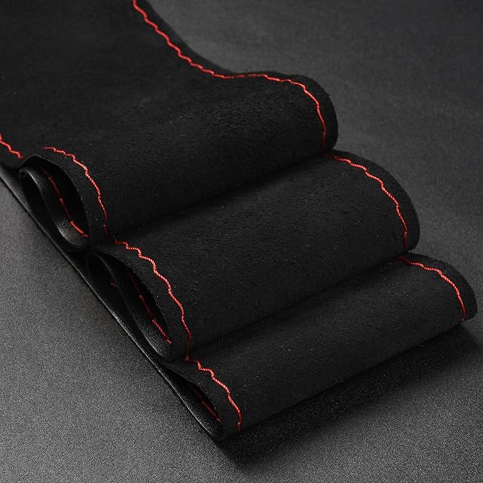 Steering Wheel Cover with Top Layer Genuine Leather and Anti-Slip Design, Soft Padding, Breathable, Universal 15 Inch Stitch on Wrap