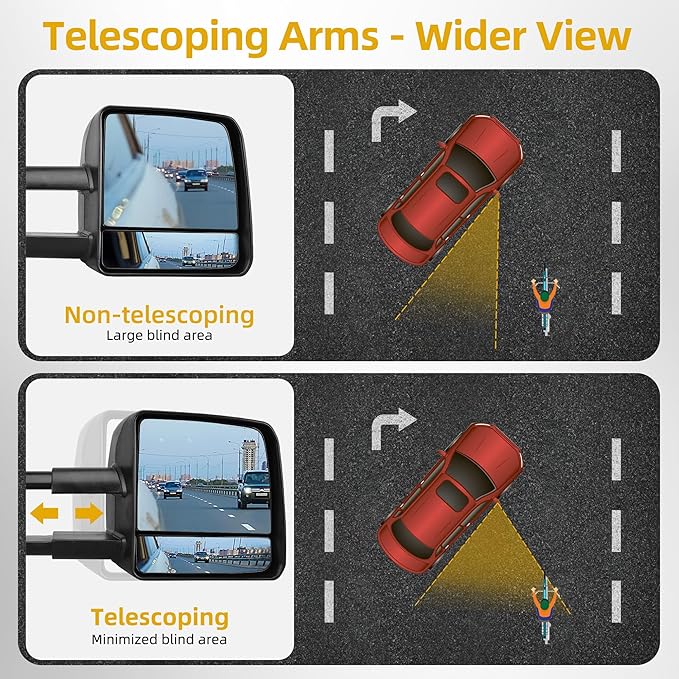 DWVO Towing Mirrors Fits 2007-2017 Toyota Tundra, Power Adjusted Heated Turn Signal Light Manual Telescoping and Folding Tow Mirror