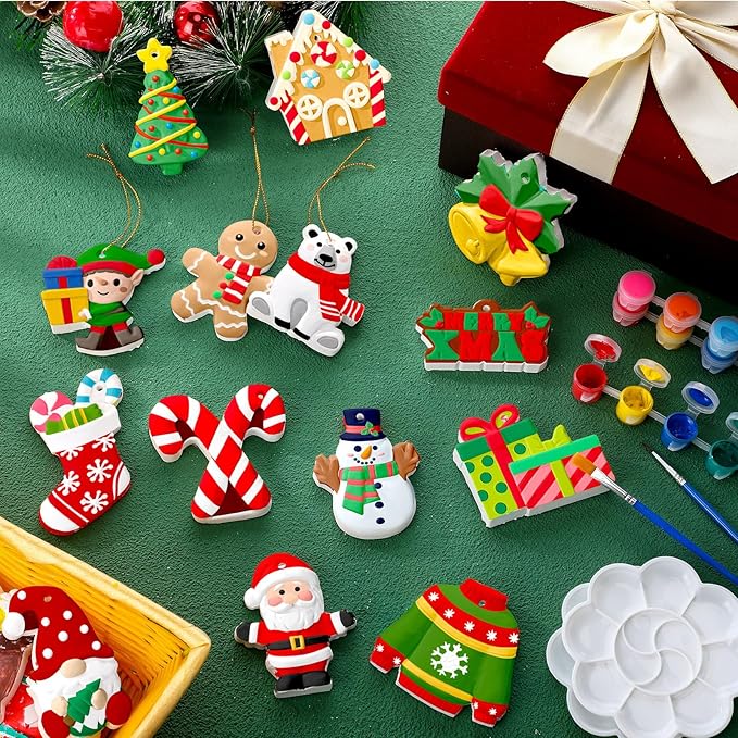 Seenelling 24 Sets Christmas DIY Painting Kits Paint Your Own Ceramics DIY Unpainted Plaster Statues Ready to Paint Ceramics Arts and Crafts with Brush for Christmas Gifts Party Decor(Fashion)