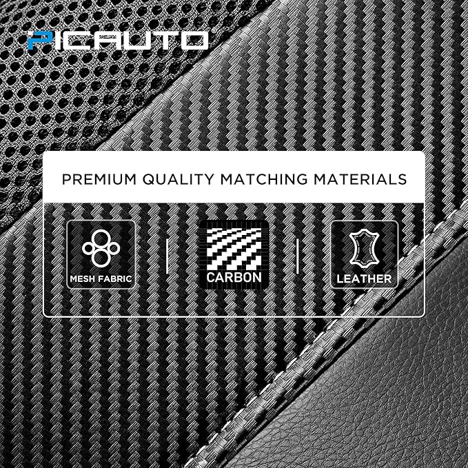 PIC AUTO Leather Car Seat Covers, Sports Carbon Fiber & Mesh Design, High-Back Two Front Set, Waterproof Automotive Seat Covers, Airbag Compatible, Universal Fit for Most Cars (Black & Black)