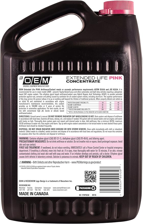 Recochem OEM 86-174POEM Pink Premium Antifreeze Concentrate Extended Life PINK, 1 gallon, 1 Pack , BROWN