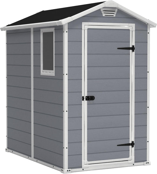 Keter Manor 4x6 Resin Outdoor Storage Shed Kit-Perfect to Store Patio Furniture, Garden Tools Bike Accessories, Beach Chairs and Lawn Mower, Grey & White