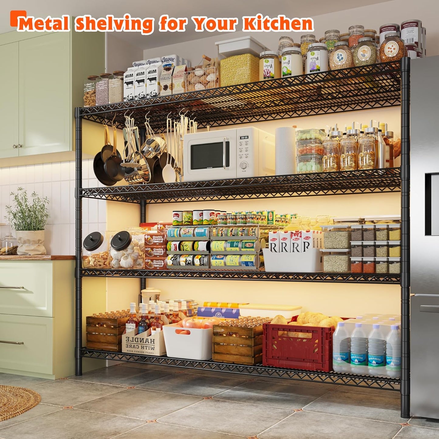 REIBII 60" W ×24" D×65.3" H, 4 Tier Wire Shelving 2878LBS Heavy Duty Steel Storage Rack Shelving Adjustable Shelves for Warehouses, Garages, Kitchens, and Commercial Spaces/Premium Wheels 2 Pack