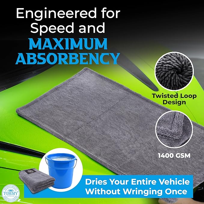 Car Drying Towel Extra Large 36"x24" Super Absorbent - Professional Grade 1400 GSM Microfiber Twisted Loop Design is The Perfect Choice When You Want A Safe Scratch Free and Streak Free Finish