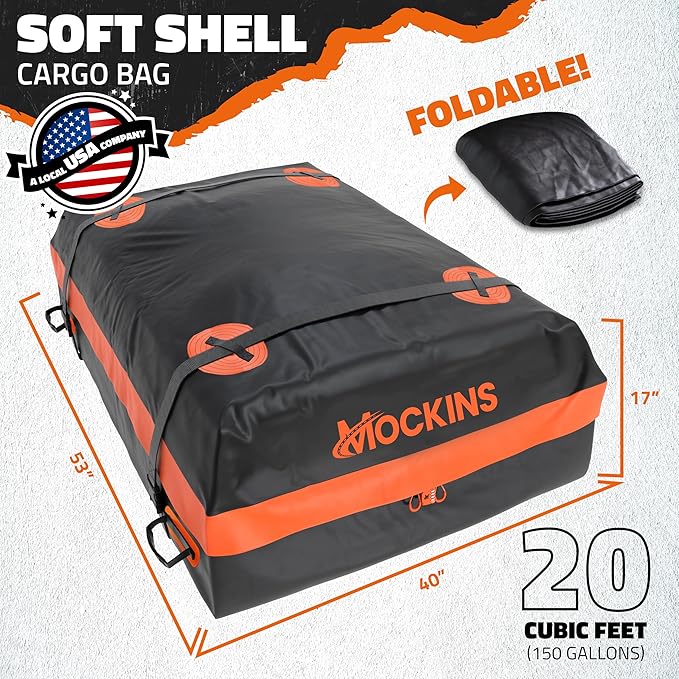 Mockins 20 Cu.Ft. Roof Cargo Bag for Top of Car | 53"x40"x17" All-Weather Rooftop Cargo Carrier Bag | Abrasion-Resistant Vinyl Car Top Carrier Without Roof Rack w/Mat, Straps, Hooks, Lock & Carry Bag