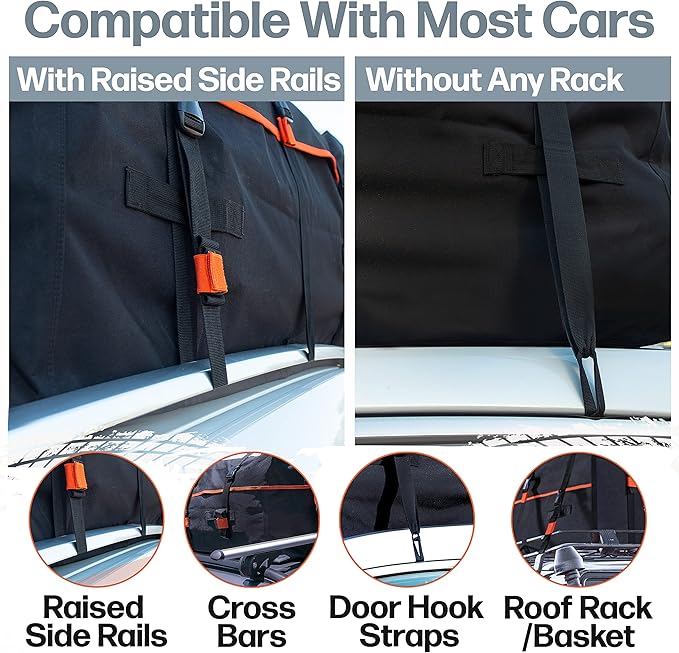 RoofPax 23 cft. Extra Waterproof Rooftop Cargo Carrier Bag, Double Weatherproof Zippers,10 Heavy-Duty Tie-Down Straps fit Cars with/Without a Rack or Side Rails, Safety Hooks Included