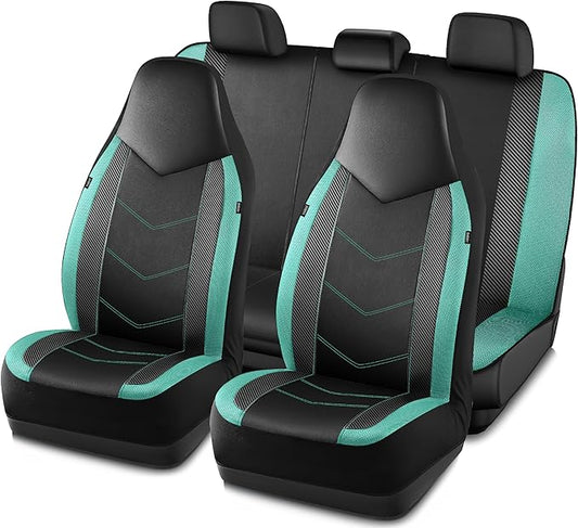 PIC AUTO Leather Car Seat Covers, Sports Carbon Fiber & Mesh Design, High-Back Front & Rear Full Set, Waterproof Automotive Seat Covers, Airbag Compatible, Universal Fit for Most Cars (Black & Mint)