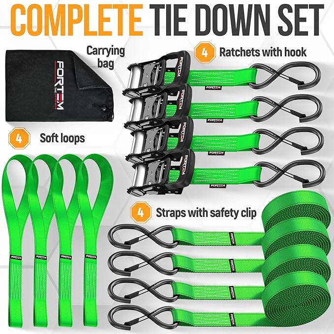 FORTEM Ratchet Tie Down Straps, 5208lb Break Strength, 4 Pack 10ft x 1.5in Heavy Duty Straps, 4 Soft Loops, Cam Buckles for Motorcycles, Safety Lock S Hooks, Carry Bag
