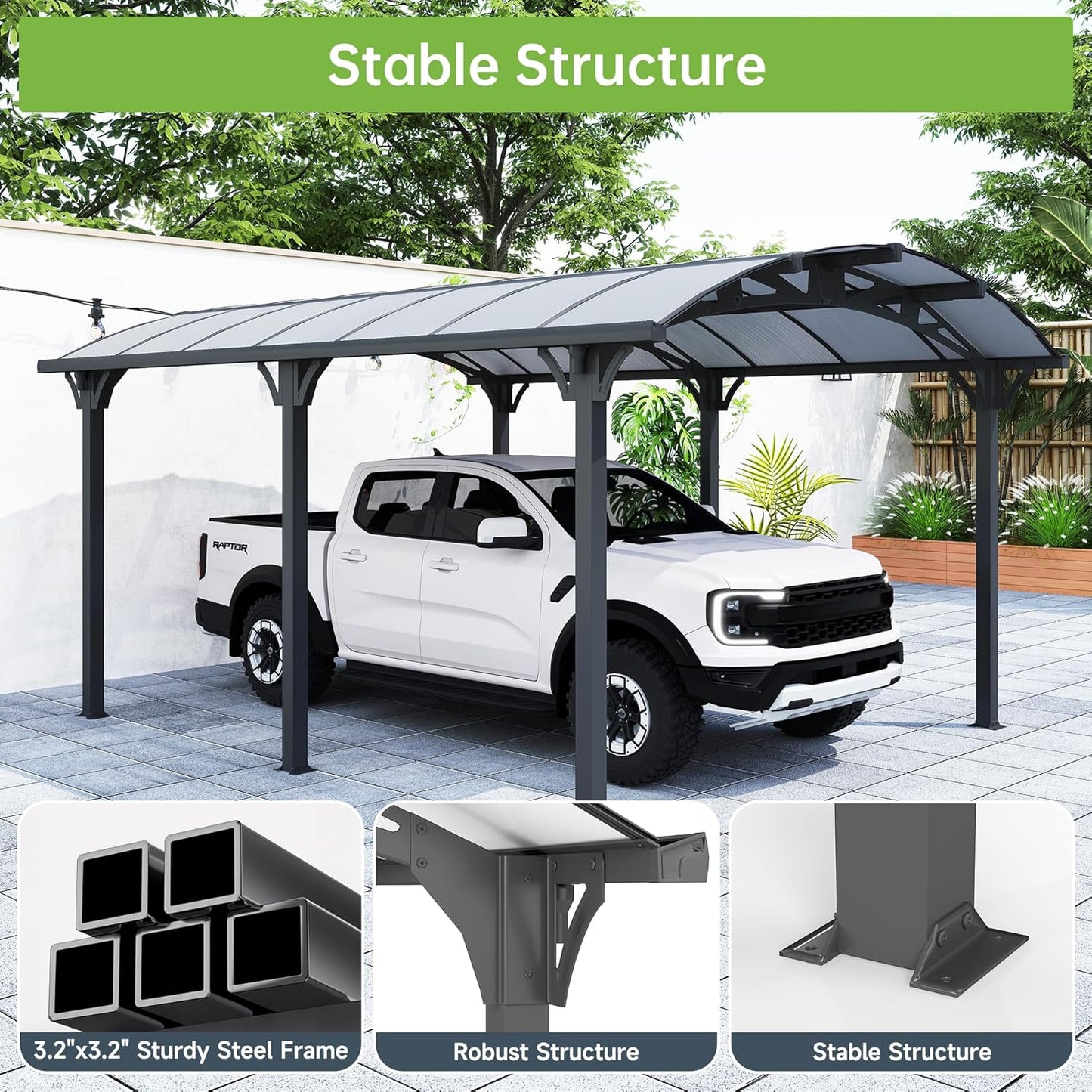 Real Relax 12x16ft Heavy Duty Metal Carport, Arch-Roof Polycarbonate Roof Panels Canopy, Outdoor Garage Car Tent Shelter for Boats and Truck,Gray