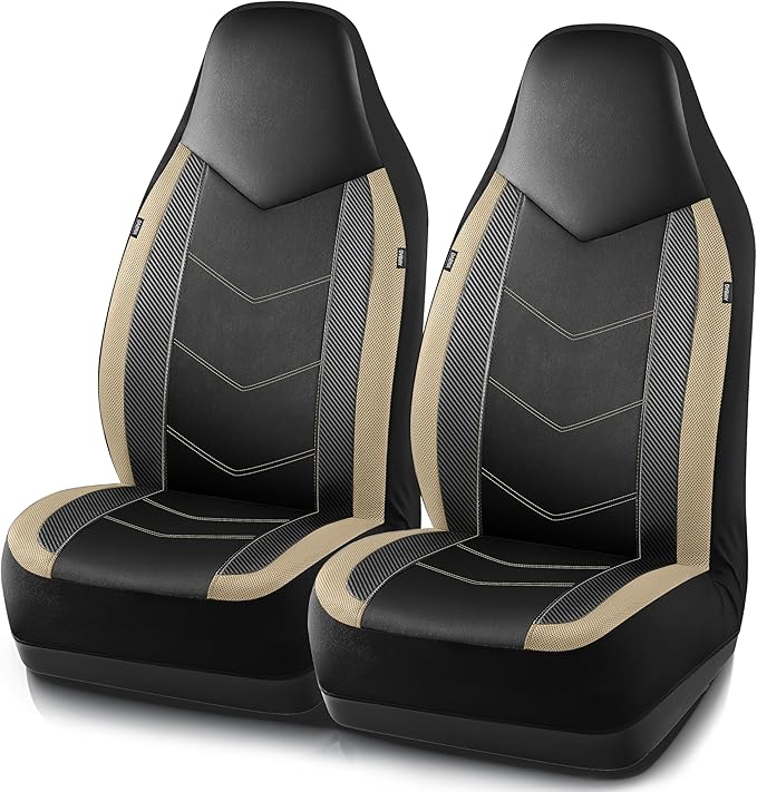 PIC AUTO Leather Car Seat Covers, Sports Carbon Fiber & Mesh Design, High-Back Two Front Set, Waterproof Automotive Seat Covers, Airbag Compatible, Universal Fit for Most Cars (Black & Beige)