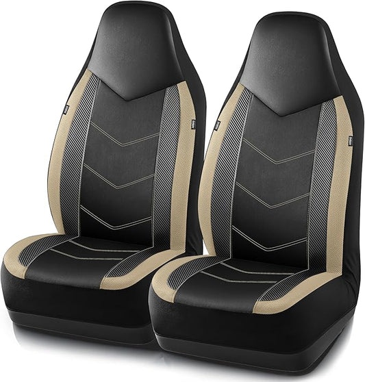 PIC AUTO Leather Car Seat Covers, Sports Carbon Fiber & Mesh Design, High-Back Two Front Set, Waterproof Automotive Seat Covers, Airbag Compatible, Universal Fit for Most Cars (Black & Beige)