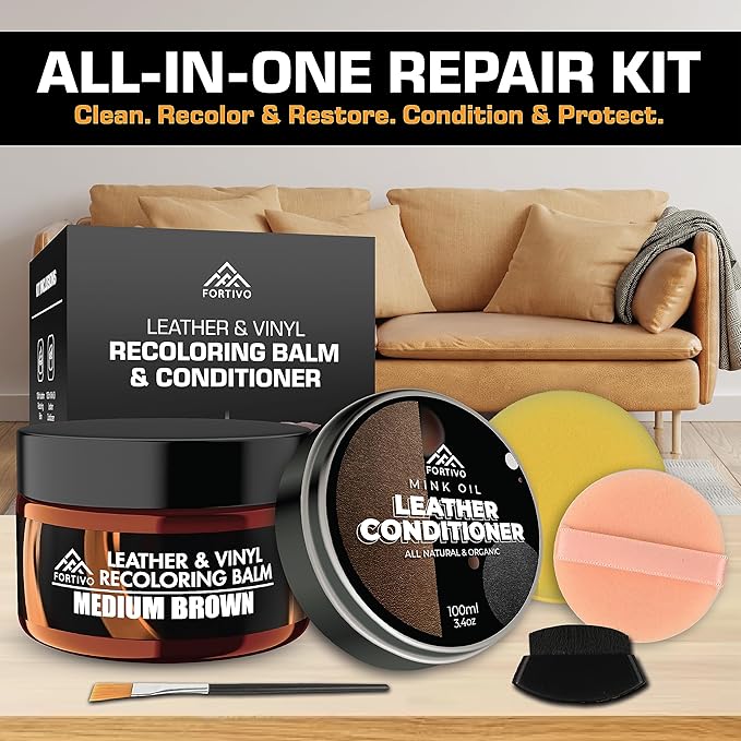 FORTIVO Leather Recoloring Balm with Mink Oil, Couch Repair Kit, Leather Dye and Restorer for Furniture