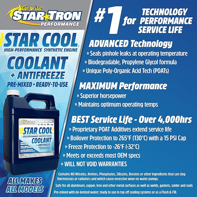 Star Tron Star-Cool Premium Synthetic PG Engine Coolant + Antifreeze - Propylene Glycol for Engines, Motorcycles, Snowmobiles & Marine - 1 GAL (033200)