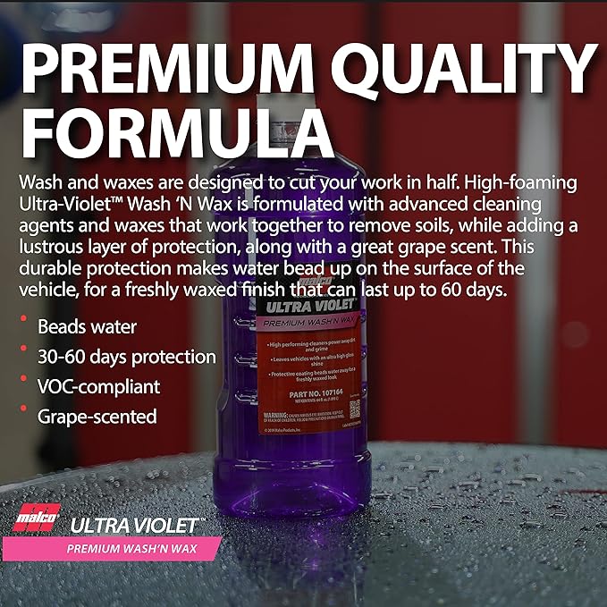 Malco Ultra Violet Premium Wash'n Wax – Best 2-In-1 Car Wash and Wax/Cleans and Provides A Durable, High-Gloss Shine in One Fast and Easy Step / 1 Gallon (107101)