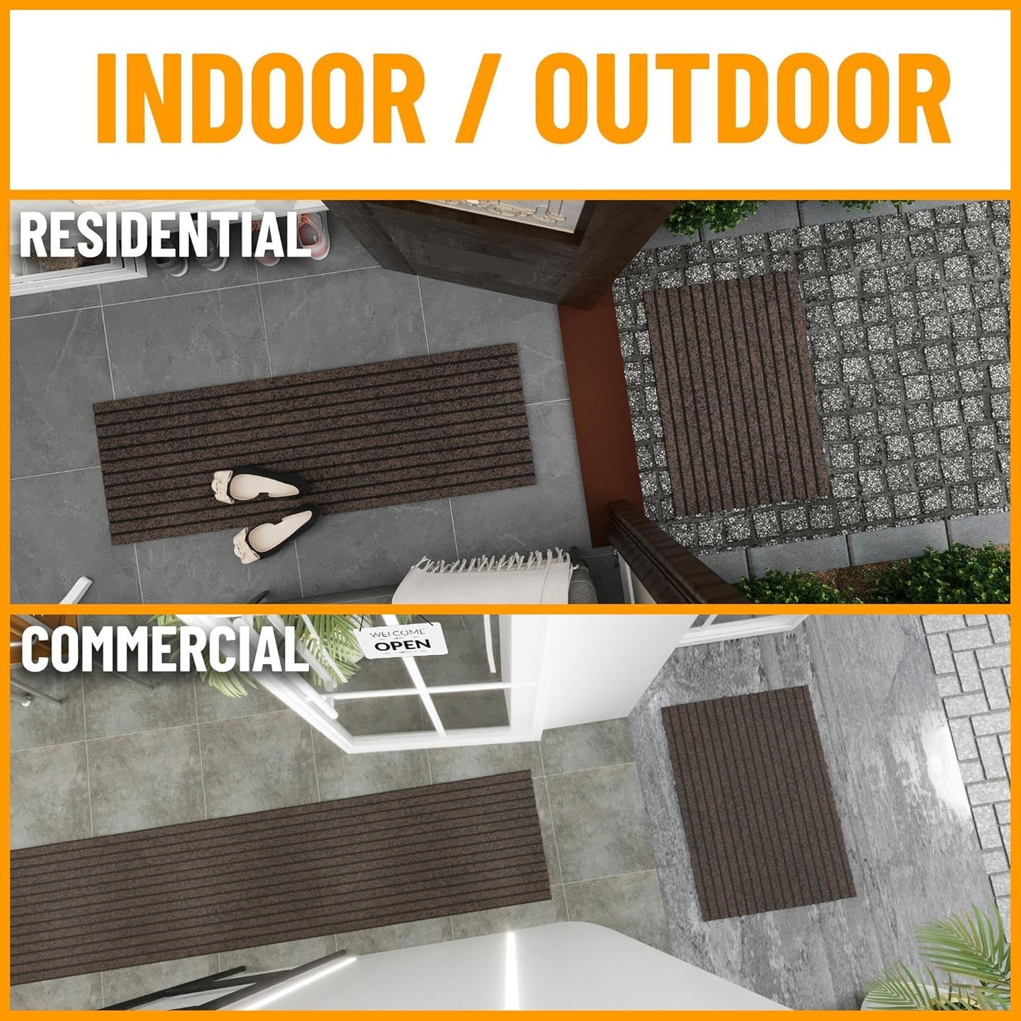 Ottomanson 2'7" x 45' Hallway Runner with Scraper Pile - Extra Durable Non-Slip Rug Mat for Indoor & Outdoor Use - Ideal for Kitchen, Entryway & Garage - High-Traffic Carpet, Brown