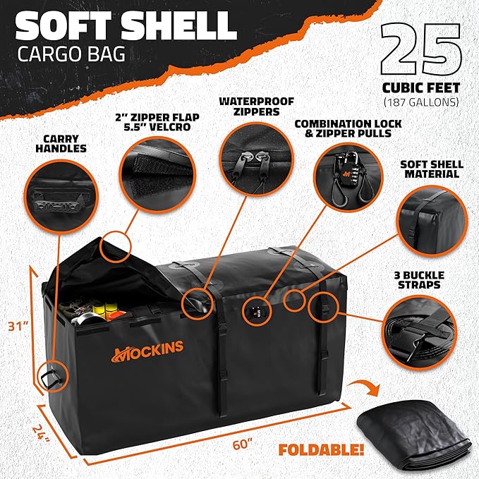 Mockins 60"x24"x6" Trailer Hitch Cargo Carrier & 25 CuFt Waterproof Cargo Bag | 500 Lbs. Capacity Folding Luggage Rack for SUV Car & Truck w/Built-in License Plate Bracket & Hitch Rack Accessories