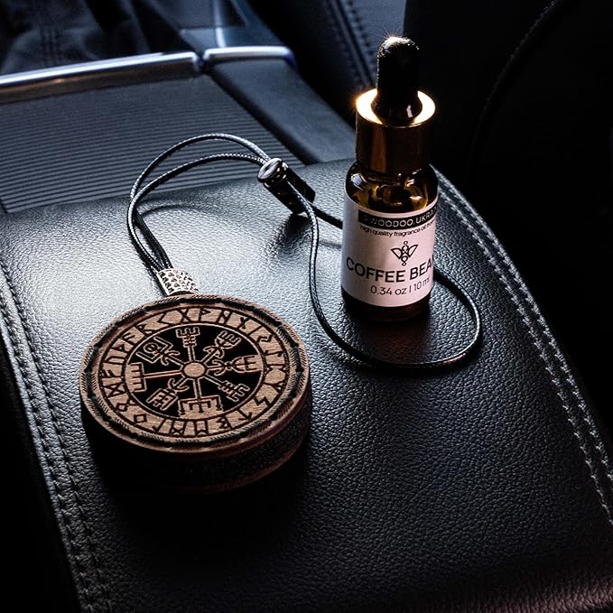 Wood Car Air Freshener — Handmade Car Air Freshener — Vegvisir Designed Fragrance Oil Diffuser in Wooden Gift Box — Aromatherapy Gift Set with Coffee Beans Fragrance Oil - 10 ml