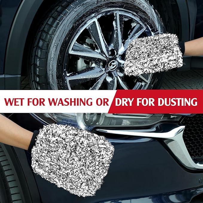 TAKAVU Microfiber Cleaning Mitt, 2 Pack Premium Cyclone Car Washing Gloves, Scratch-Free Lint-Free Wash Mitts, Holds Tons of Sudsy Water for Effective Washing, Machine Washable (Black & White)