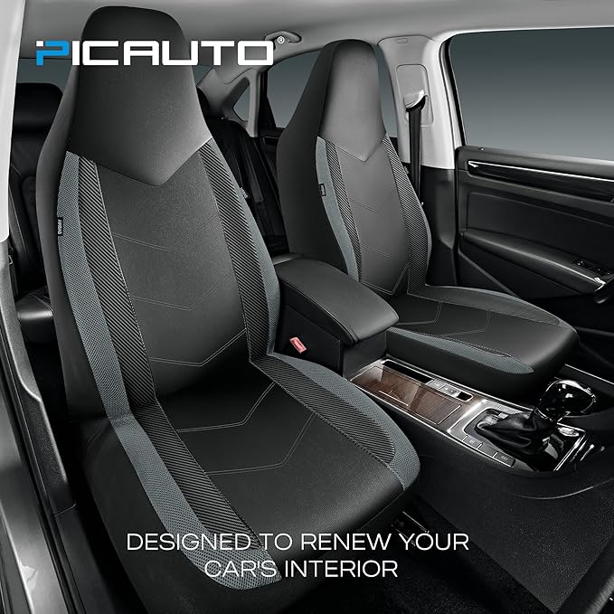 PIC AUTO Leather Car Seat Covers, Sports Carbon Fiber & Mesh Design, High-Back Full Set, Waterproof Automotive Seat Covers, Airbag Compatible, Universal Fit for Cars, SUVs, Trucks (Black & Gray)