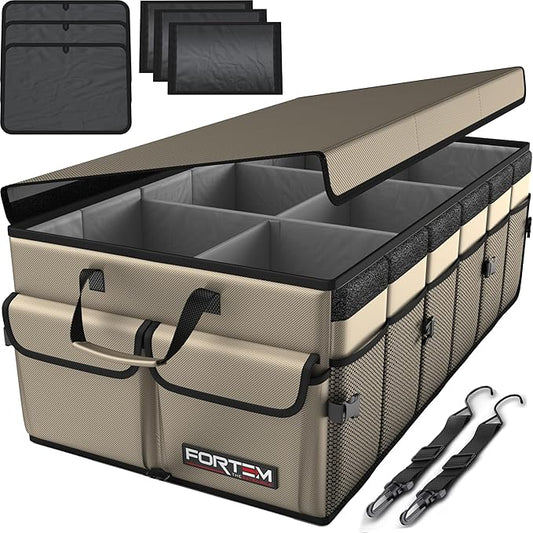 FORTEM Car Trunk Organizer, Collapsible Multi Compartment SUV Organizer, Foldable Storage for Car Accessories for Women Men, 600D Oxford, Non Slip Bottom, Securing Straps, Soft Cover (85L)
