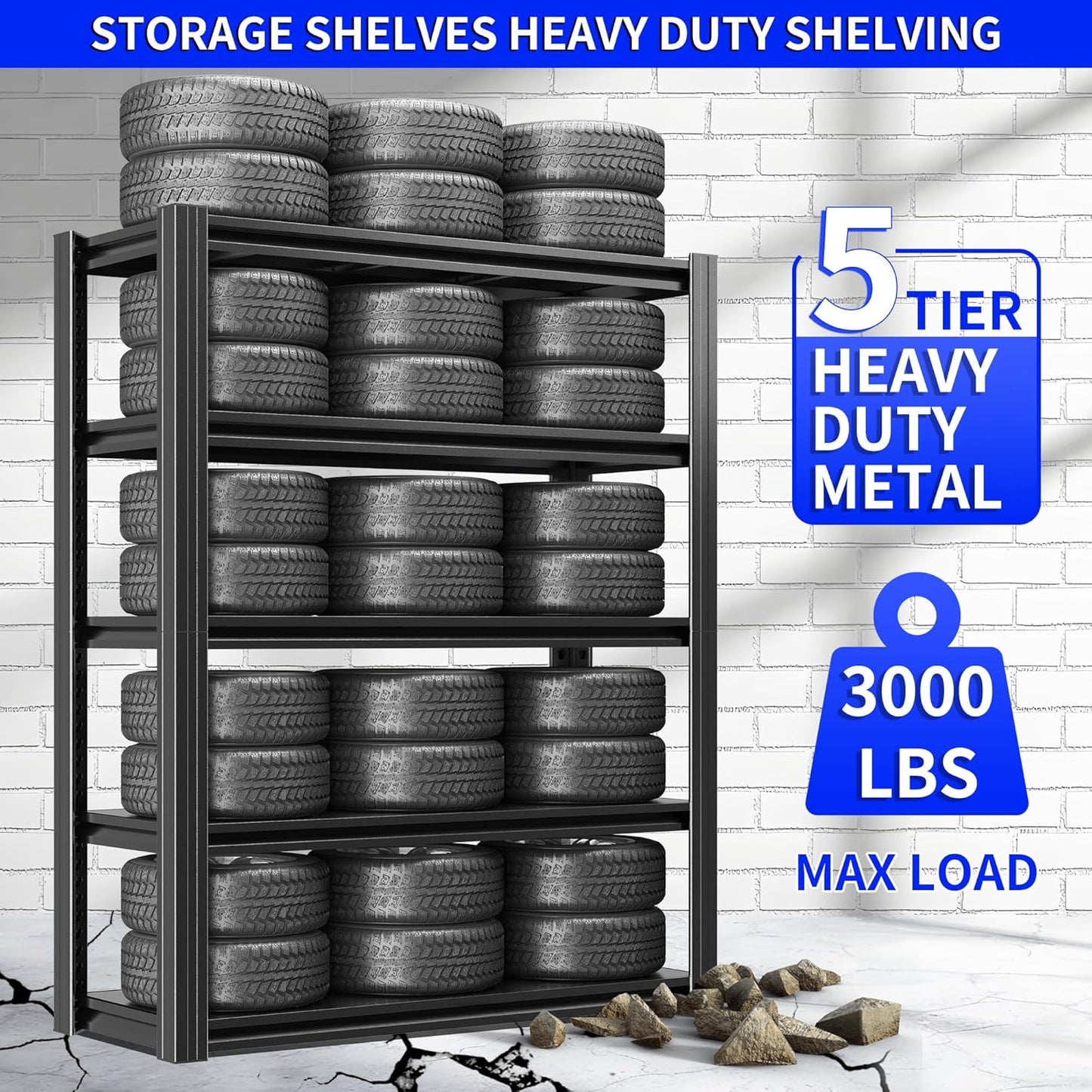 Metal Storage Shelving Heavy Duty, Shelves Unit for Garage, Adjustable 5 Tier Storage Rack, Industrial Utility Shelf for Garage, Warehouse, Basement, Kitchen,12"D x 27.6"W x 60.8"H, Black