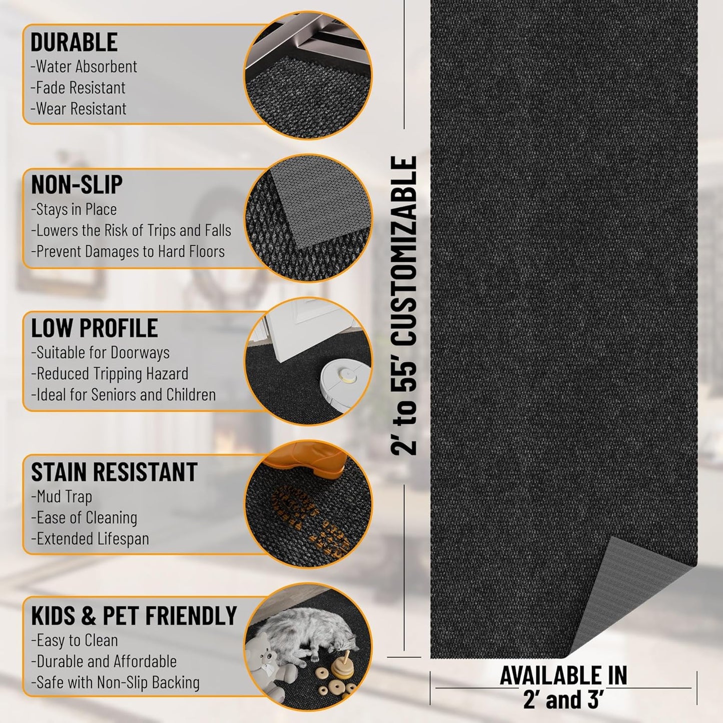 Ottomanson 2' x 45' Hallway Runner with Scraper Pile Extra Durable Non-Slip Rug Mat for Indoor & Outdoor Use - Ideal for Kitchen, Entryway, Patio & Garage - High-Traffic Carpet, Black