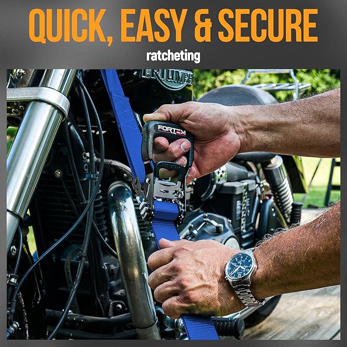 FORTEM Ratchet Tie Down Straps, 5208lb Break Strength, 4 Pack 10ft x 1.5in Heavy Duty Straps, 4 Soft Loops, Cam Buckles for Motorcycles, Safety Lock S Hooks, Carry Bag