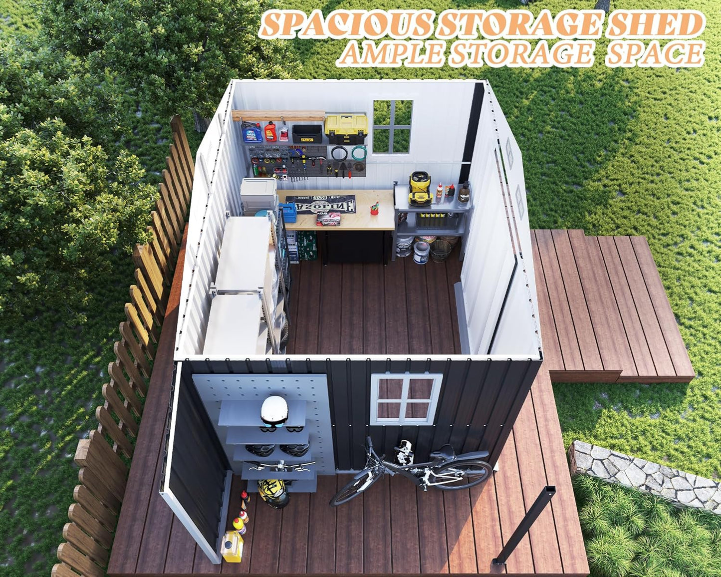 Jocisland 10.6x6.8x6.3 FT Galvanized Metal Storage Shed with Open Firewood Bay, Sliding Doors & Ramp, 2 Windows & Vents, Weather-Resistant Outdoor Tool/Garden Shed, Dark Grey/White